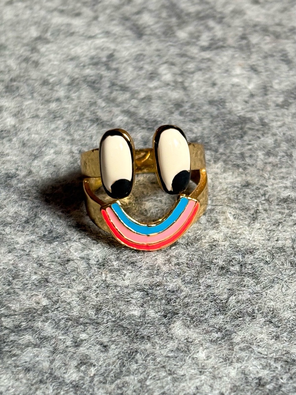 Lazy Oaf Gold Tone Ring with Cream, Black, Pink and Blue Enamel Smile